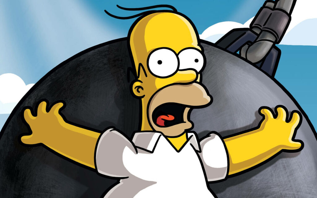 Scared Homer Simpson Wallpaper: Wrecking Ball Drama in Clear Sky