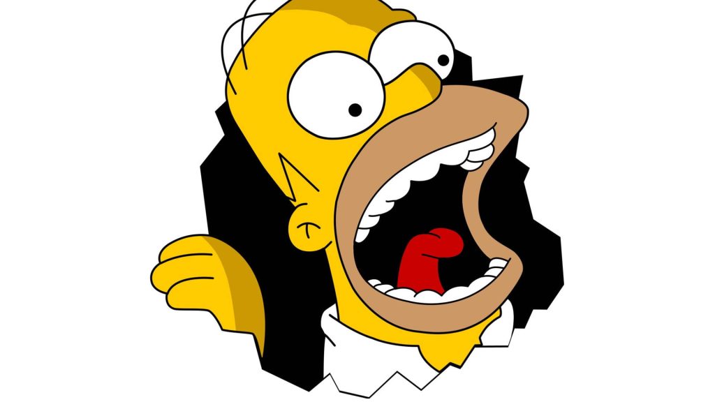 Homer Simpson surprised face peeking through black void 2D vector wallpaper background