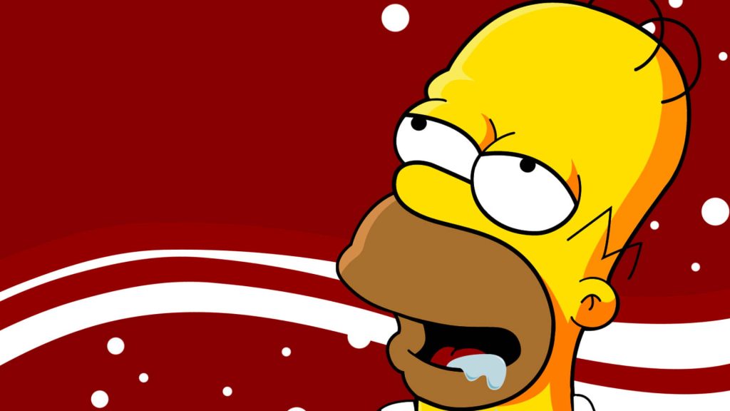 Homer Simpson wallpaper with classic dazed drooling expression on deep red abstract background