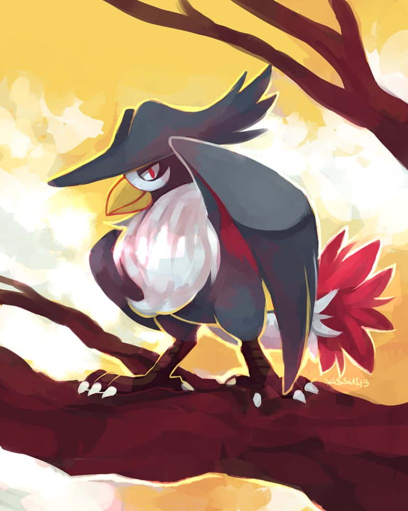 Honchkrow perched on tree branch at golden sunset with signature crest and red tail feathers Wallpaper