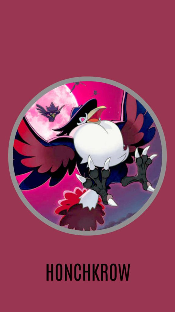 Honchkrow flying with glowing pink moon circular frame sharp talons maroon background wallpaper