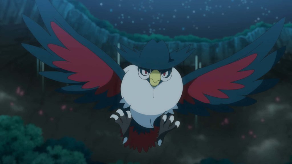 Honchkrow anime wallpaper flying at night with wide wings and red markings on dark background