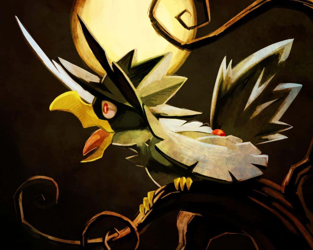 Honchkrow perched on twisted branch with glowing moon gothic digital wallpaper background