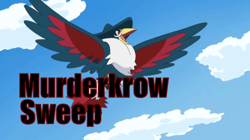 Honchkrow mid-flight anime wallpaper dark-type Pokemon bright sky Murderkrow Sweep slogan