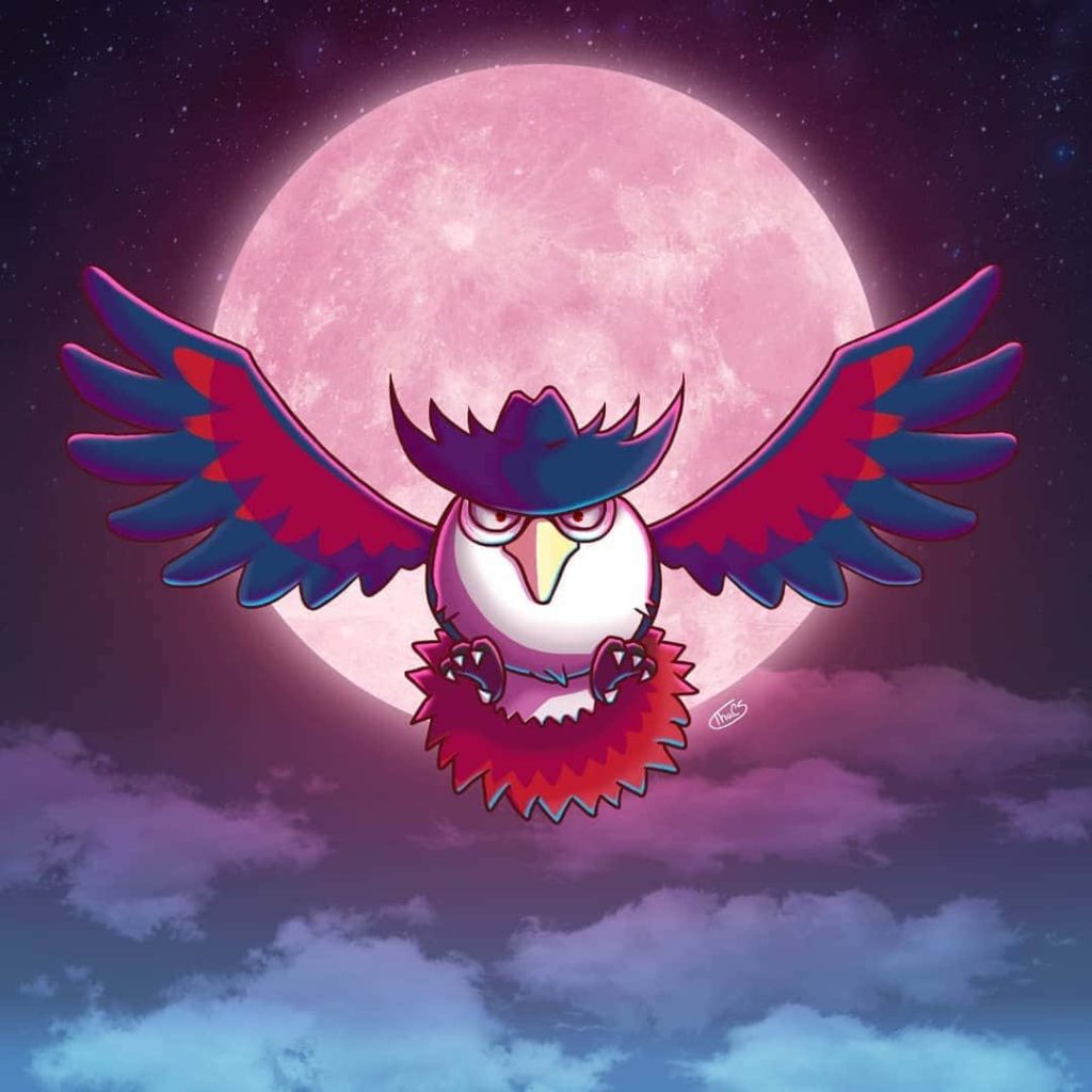 Honchkrow flying at night with wings spread against a glowing rose full moon and stars background Wallpaper