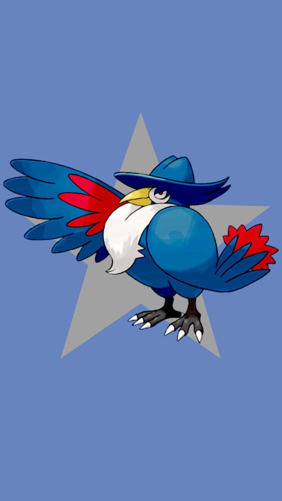 Honchkrow Pokémon wallpaper with iconic crest on light gray star and soft blue background