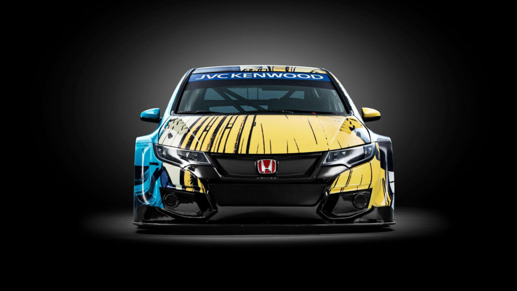 Honda Civic front view 4K wallpaper with vivid blue and yellow decals on black background