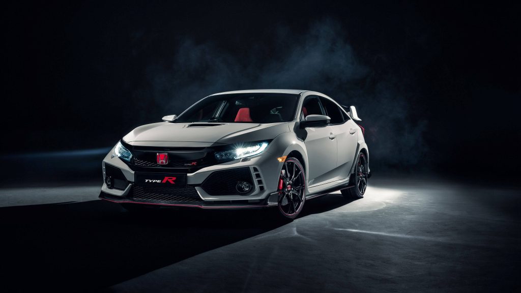 Honda Civic Type R FK8 white in moody smoke-filled studio with red badges and sporty details wallpaper
