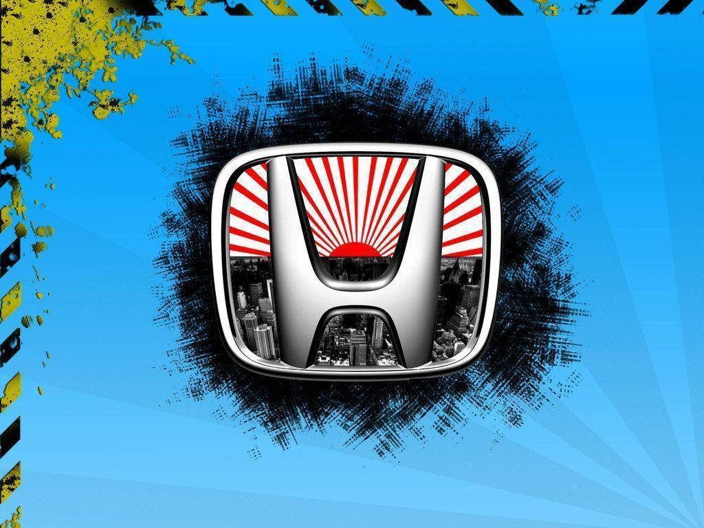 Honda logo wallpaper with city skyline rising sun blue sunburst black splash hazard tape