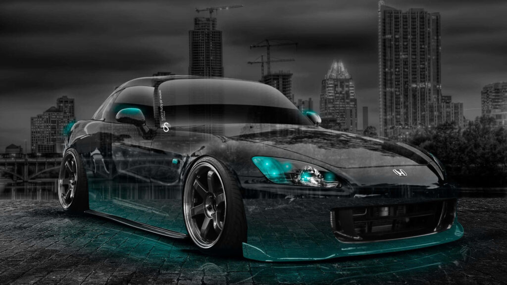 Sleek lowered Honda S2000 with custom rims in front of modern city skyline dark sporty design Wallpaper