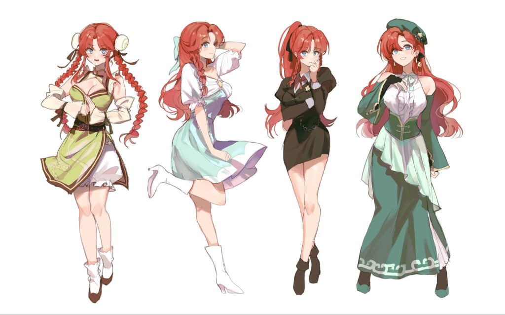 Hong Meiling Touhou Project anime character sheet with four vibrant stylish outfits and poses Wallpaper