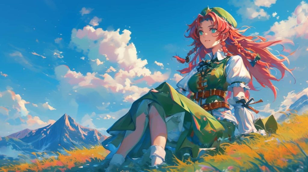 Hong Meiling anime wallpaper serene meadow vibrant fields blue sky Touhou Project character