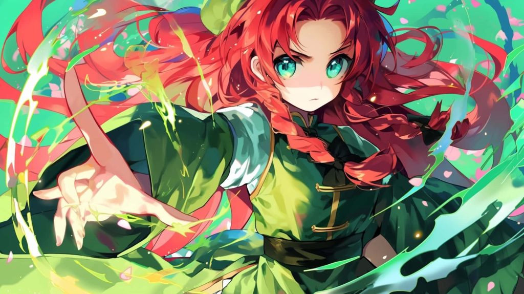 Hong Meiling from Touhou Project with red hair green eyes martial arts attire casting magic energy wallpaper