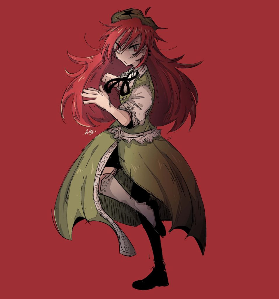 Hong Meiling in green outfit striking martial arts pose on bold red background anime wallpaper