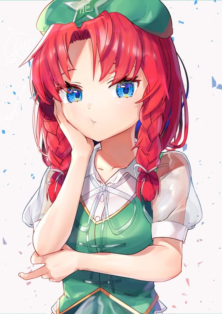 Hong Meiling Touhou Project anime wallpaper green dress red braids star cap blue confetti background