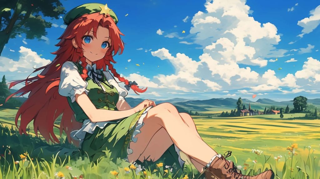 Hong Meiling from Touhou Project sits in a sunny flower meadow under blue sky clouds Wallpaper