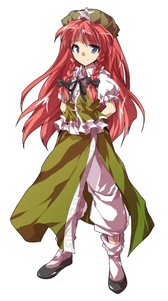 Hong Meiling Touhou Project anime wallpaper green white outfit red hair star cap background