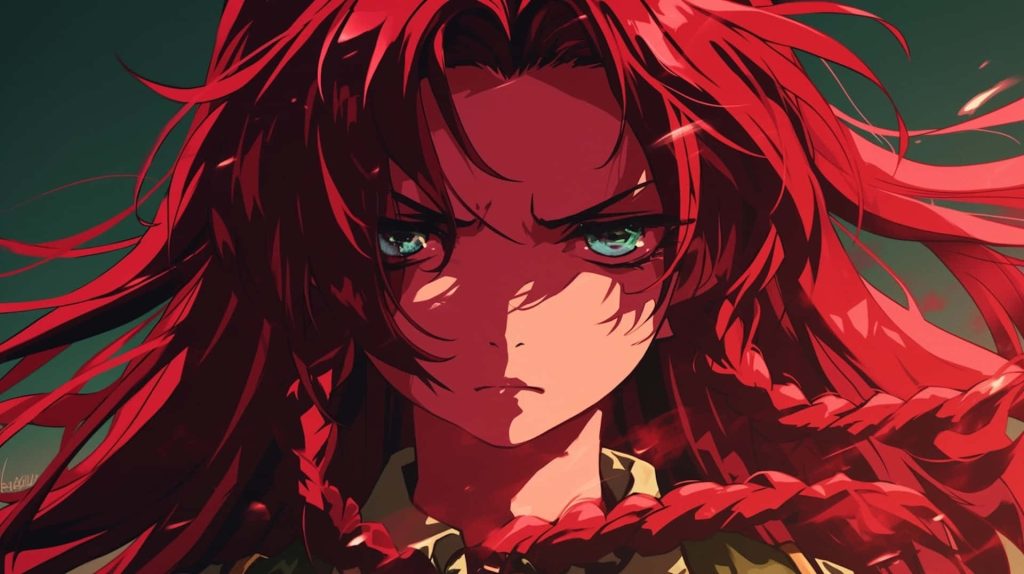 Hong Meiling from Touhou Project digital anime wallpaper with vibrant red hair and green eyes