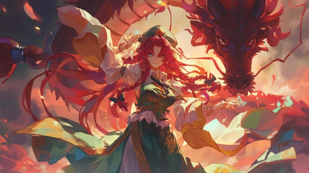 Hong Meiling Touhou Project with long red hair green outfit and red dragon at sunset wallpaper