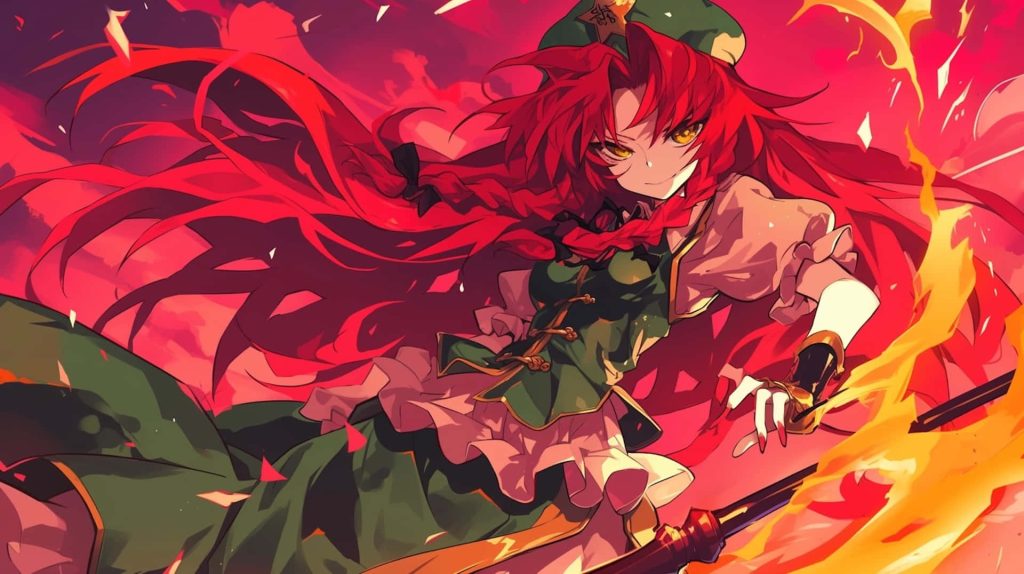 Hong Meiling Touhou Project wallpaper vivid flames green outfit red hair anime gatekeeper art