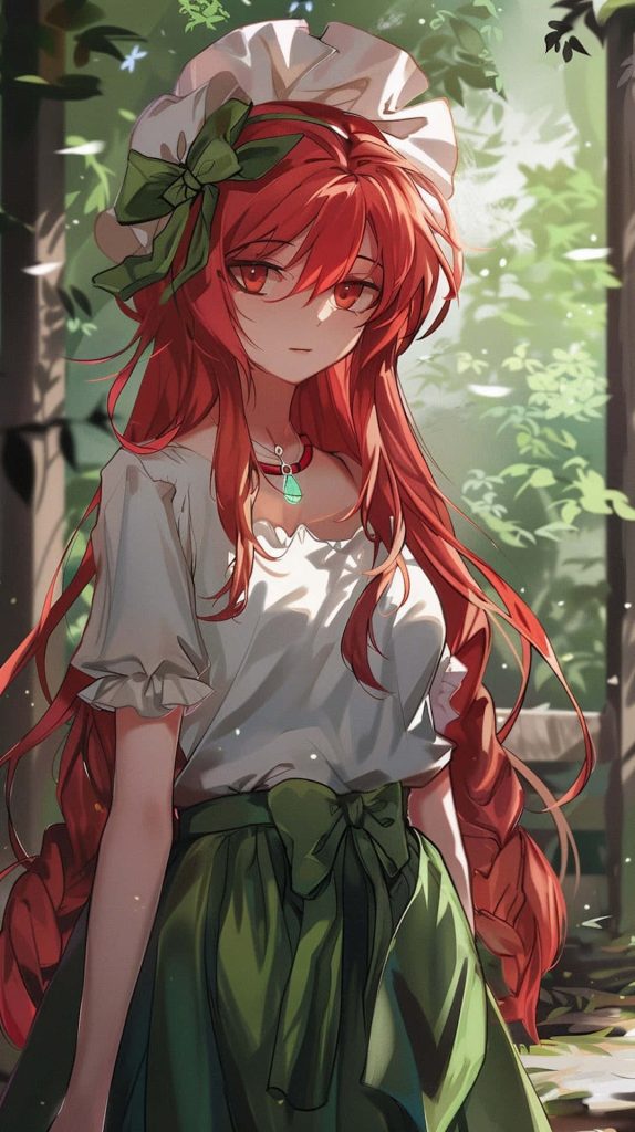 Hong Meiling anime wallpaper in sunlit forest vibrant red hair green outfit peaceful scene