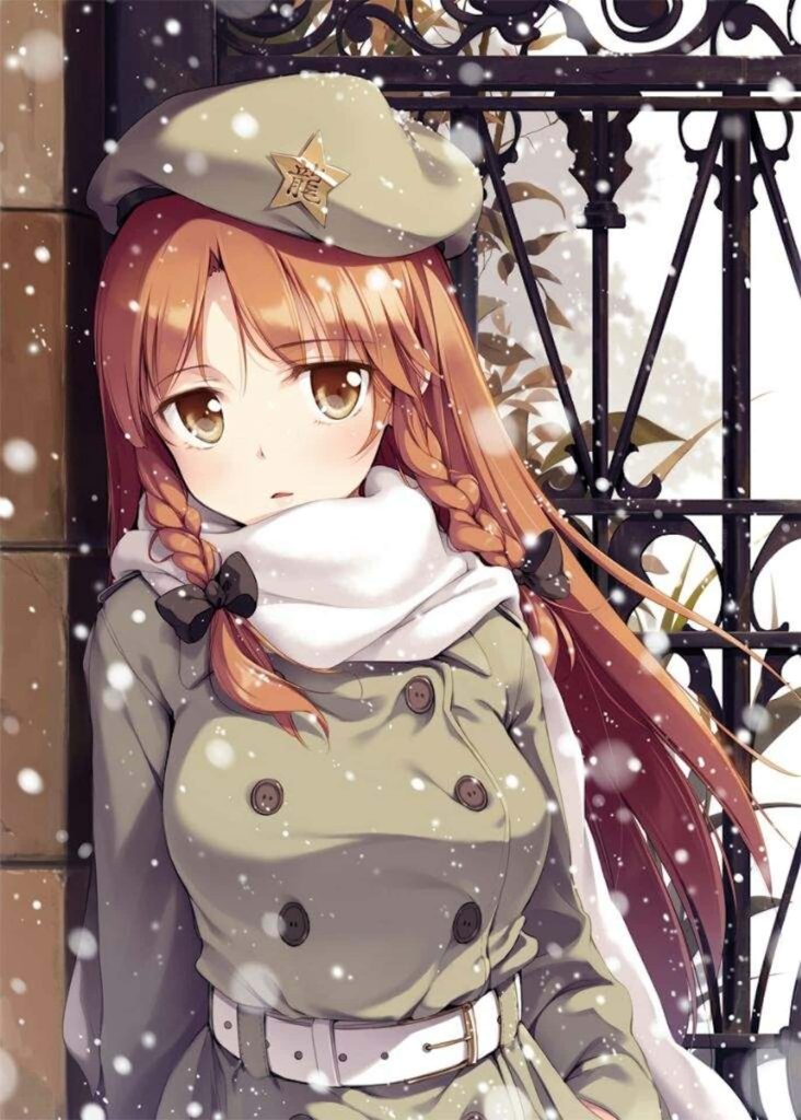 Hong Meiling from Touhou Project in khaki coat and beret standing in snowy winter scene Wallpaper
