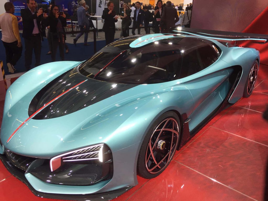 Hongqi S9 concept hypercar turquoise with red stripe on glossy auto show floor wallpaper