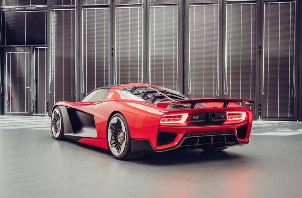 Hongqi S9 hypercar rear view red vibrant finish futuristic design LED lights dark backdrop Wallpaper