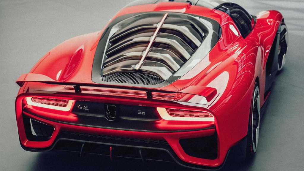 Red Hongqi S9 hypercar rear view with sleek aerodynamic design and modern LED taillights Wallpaper