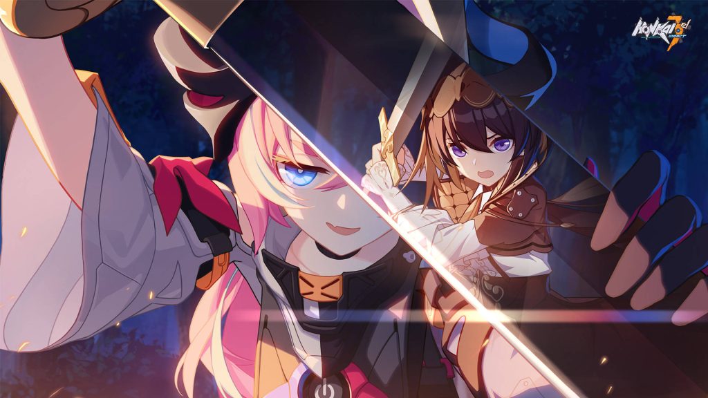 Honkai Impact 3rd wallpaper Rozaliya Olenyeva intense standoff with Seele Vollerei blade reflection