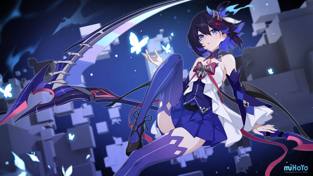 Seele Vollerei Swallowtail Phantasm suit with glowing butterflies and digital cubes Honkai Impact 3rd Wallpaper
