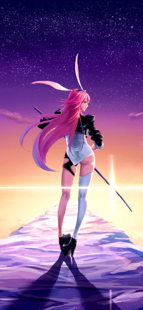 Honkai Impact 3rd anime Yae Sakura with pink hair and bunny ears walking glowing path sunset Wallpaper