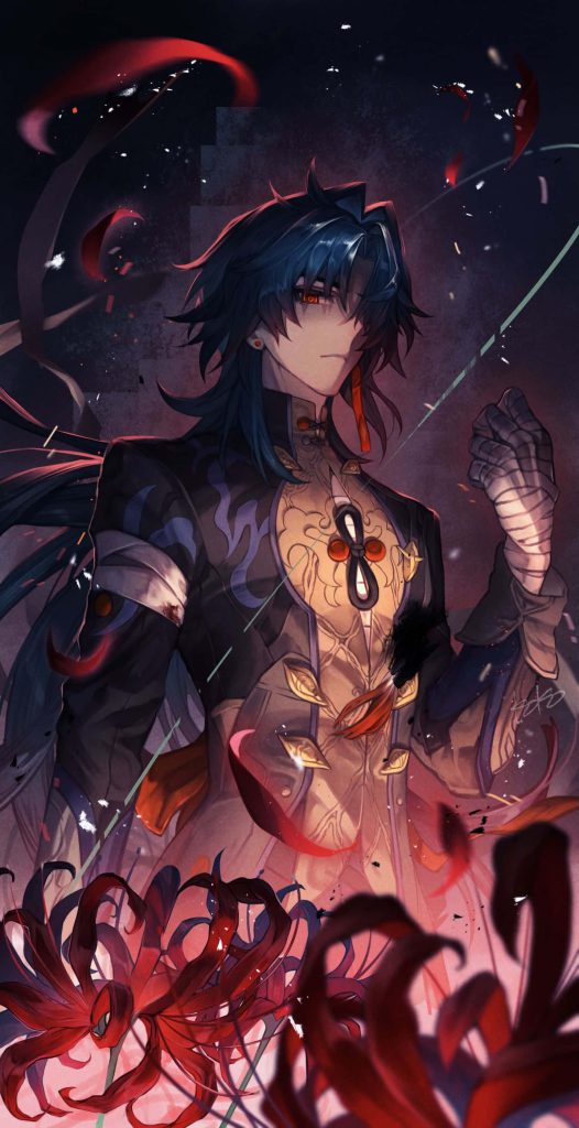 Honkai Star Rail Blade anime wallpaper dark attire intense gaze red spider lilies background