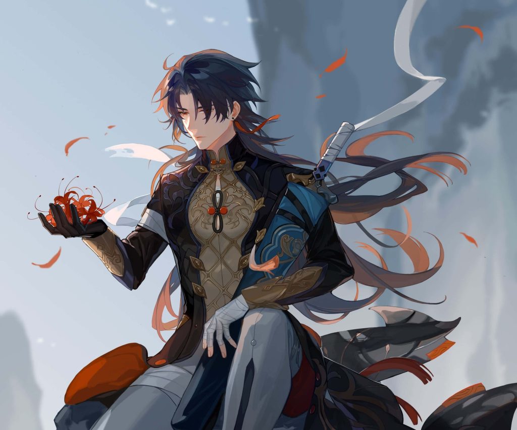 Blade Honkai Star Rail anime wallpaper red spider lily black gold robes serene background