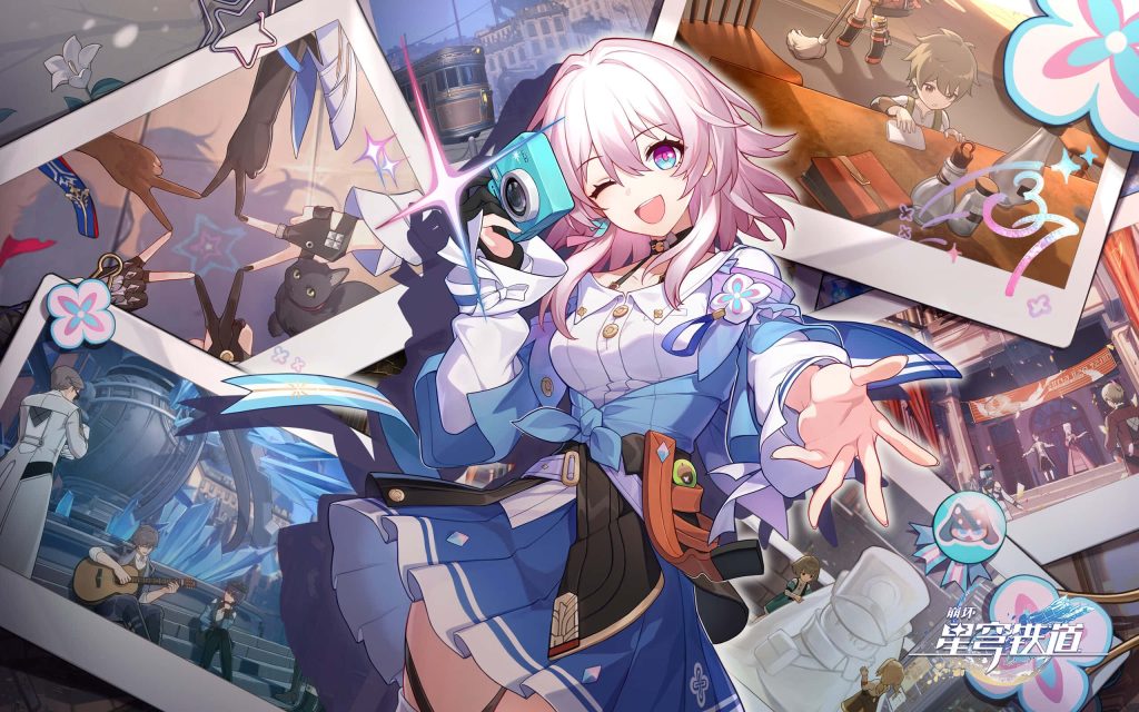 Honkai Star Rail March 7th anime character winking with camera colorful travel collage wallpaper