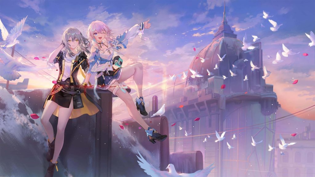 Honkai Star Rail Stelle and March 7th rooftop sunset wallpaper with flying doves and petals