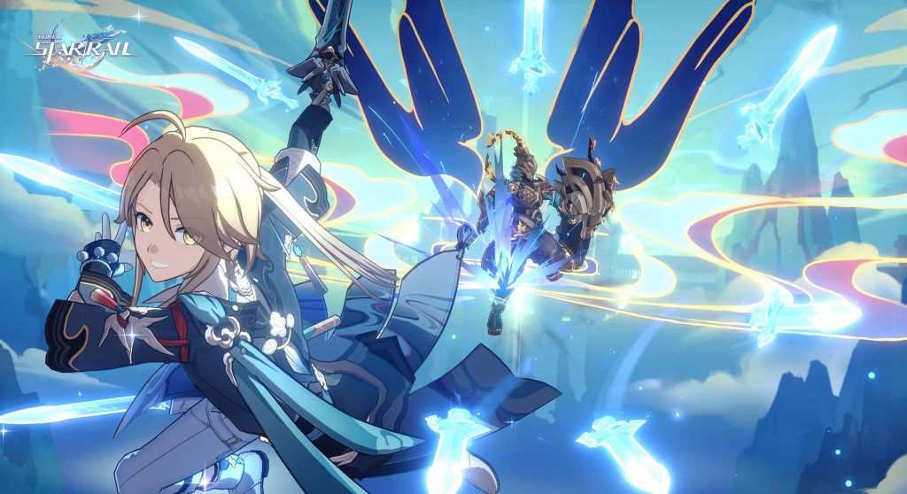 Honkai Star Rail Yanqing battles with floating blades against mechanical foe bright sky background Wallpaper