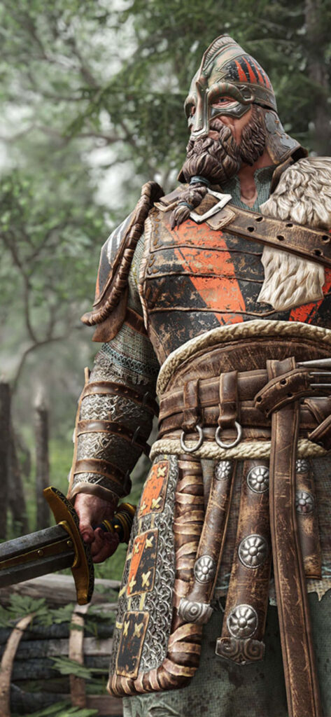 Medieval warrior in forest: For Honor game character in armor and war paint Wallpaper