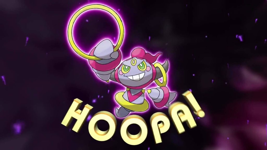 Hoopa Confined form anime wallpaper with golden ring on dark cosmic purple background vibrant design
