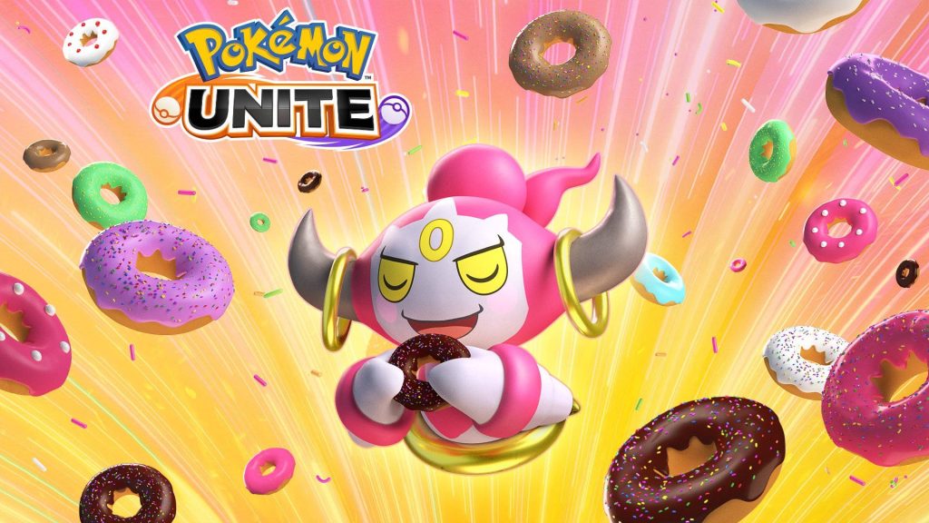 Hoopa Confined eating chocolate donut colorful floating donuts vibrant pink yellow background Wallpaper