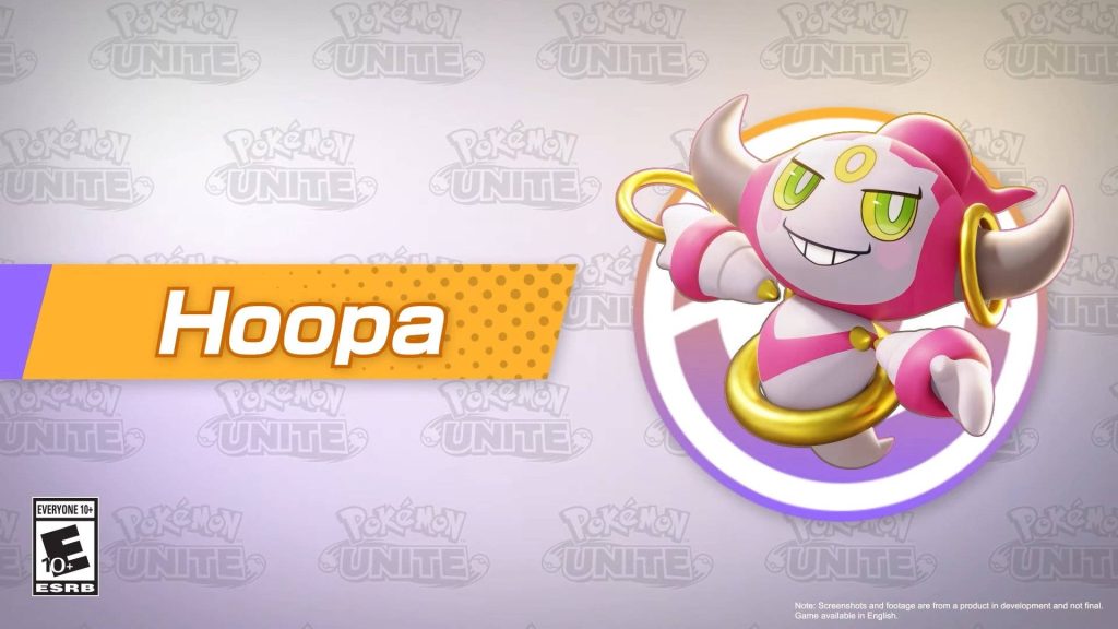 Pokémon UNITE wallpaper with playful Hoopa Confined form golden rings and official game logo
