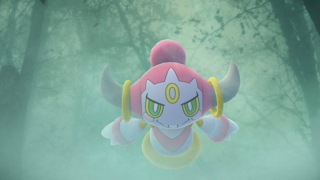 Hoopa Confined 3D Pokemon wallpaper with mystical green forest and golden rings background
