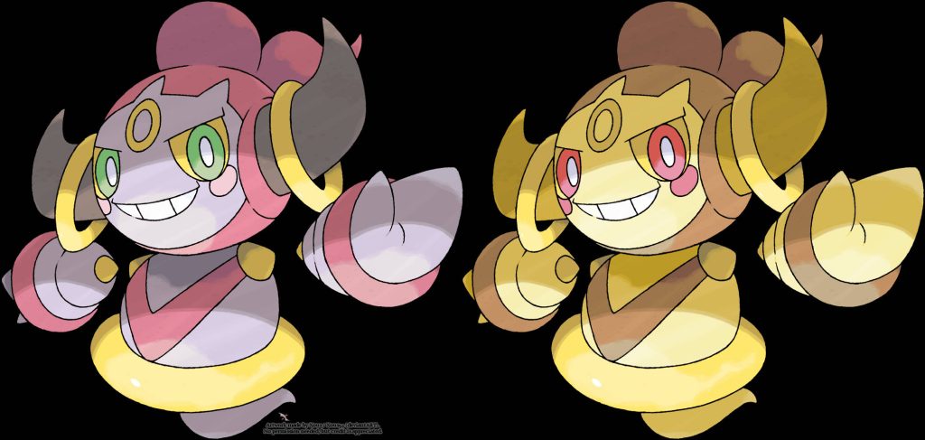 Mythical Pokémon Hoopa Confined form and rare shiny gold variant on sleek black wallpaper background