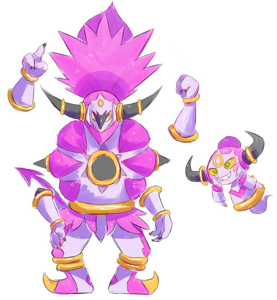 Vibrant Hoopa fanart wallpaper with Hoopa Unbound and Confined in purple and gold hues