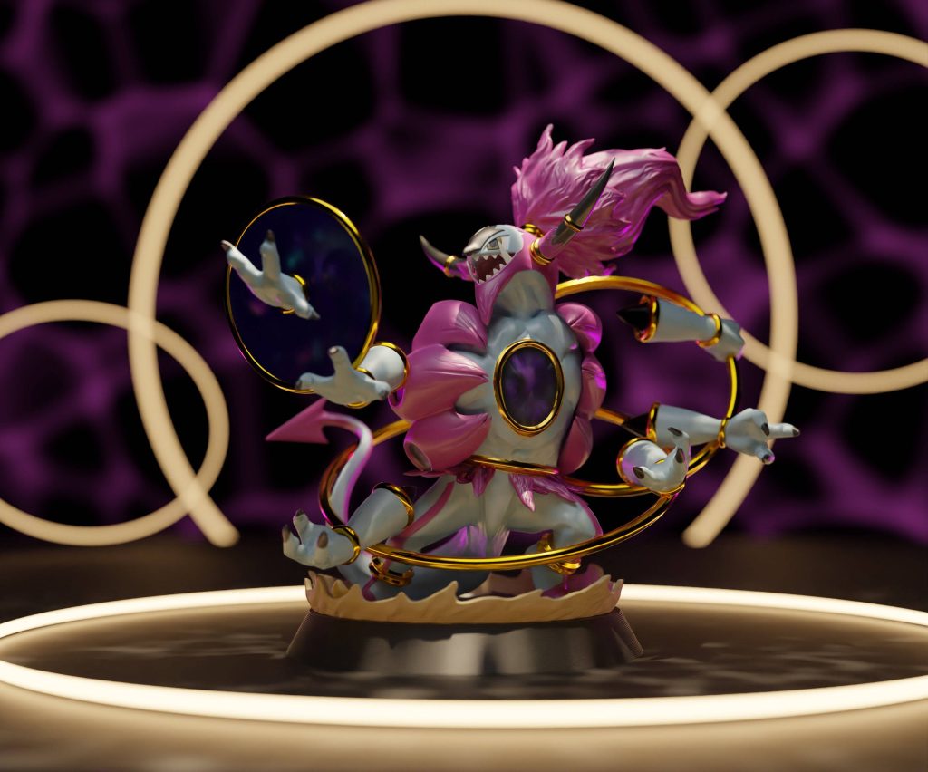 Hoopa Unbound 3D digital art wallpaper with golden rings dark background Legendary Psychic Ghost Pokemon