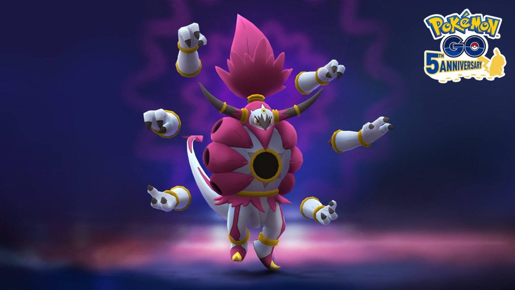 Hoopa Unbound 3D CGI wallpaper purple background Pokémon GO 5th Anniversary desktop fan art