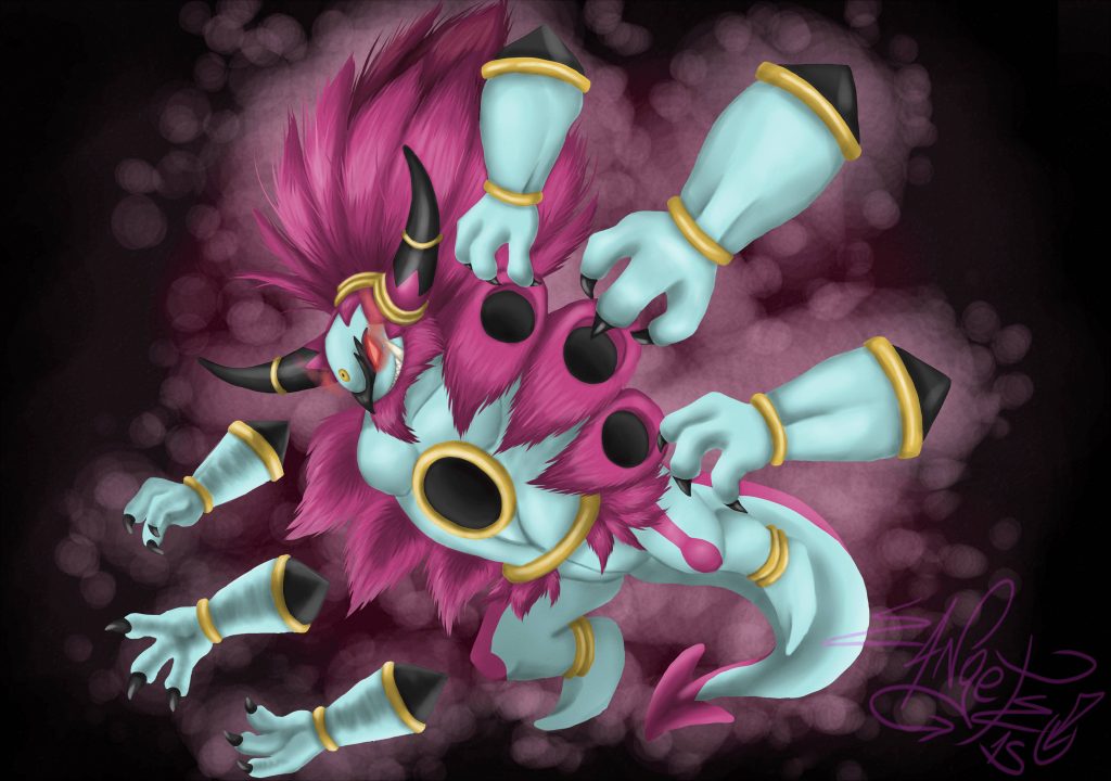 Hoopa Unbound digital art wallpaper dark void purple bokeh cyan skin magenta fur six arms