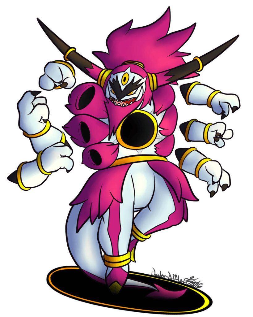 Hoopa Unbound digital art with six arms magenta and white design mythical Pokémon wallpaper