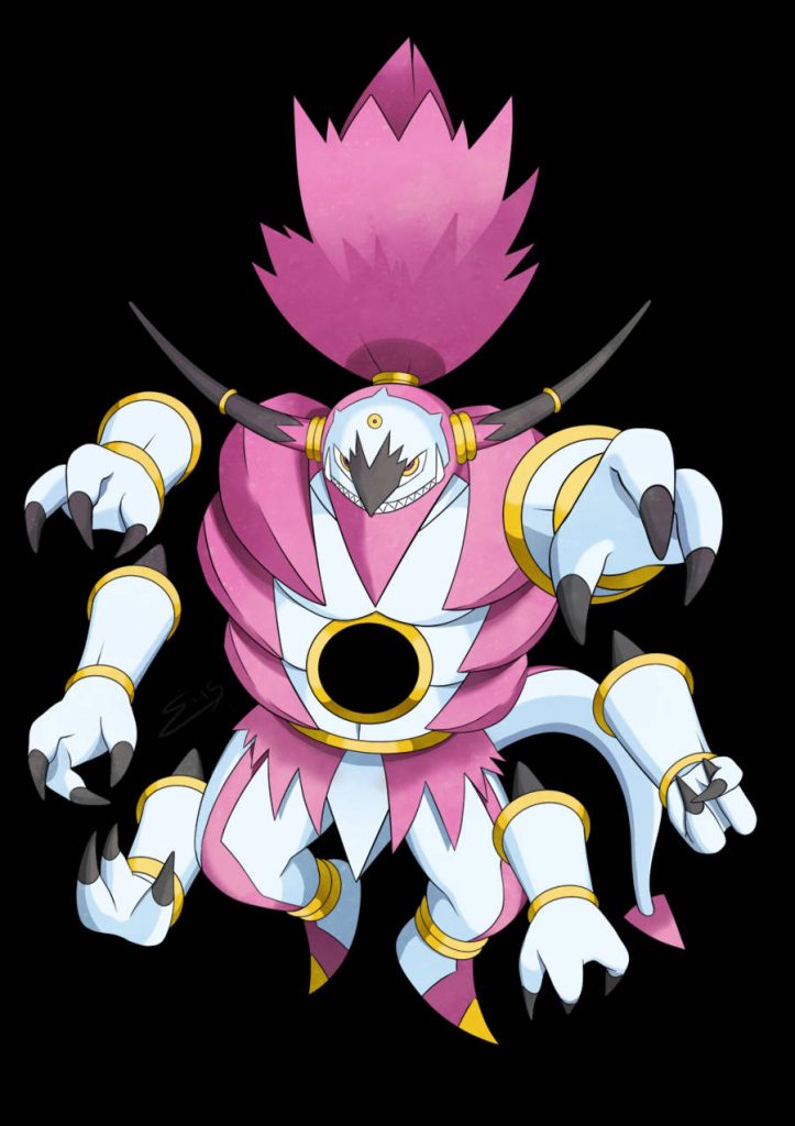Hoopa Unbound digital wallpaper with six arms gold accents magenta highlights on black background