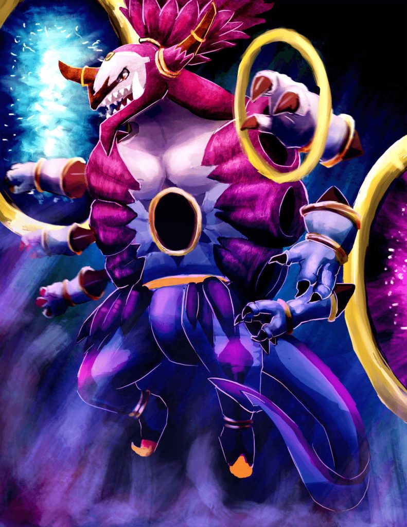 Hoopa Unbound digital wallpaper with six arms golden rings dark mystical background vibrant colors